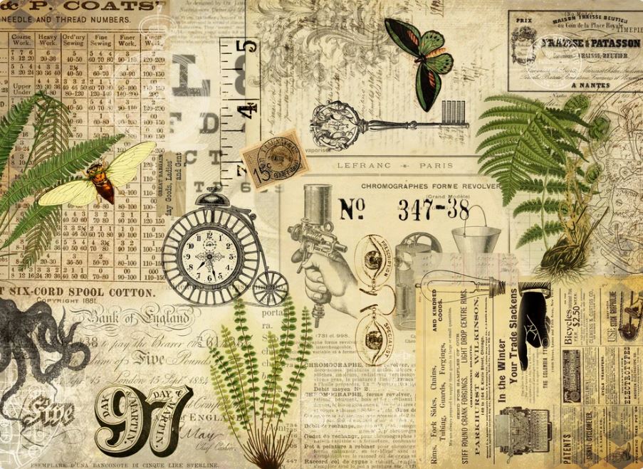 Vintage-style collage artwork with botanical elements, old newspaper clippings, a pocket watch, a butterfly, a toothbrush, eyes, and aged paper text in muted beige, green, brown, and black tones. Roycycled papers