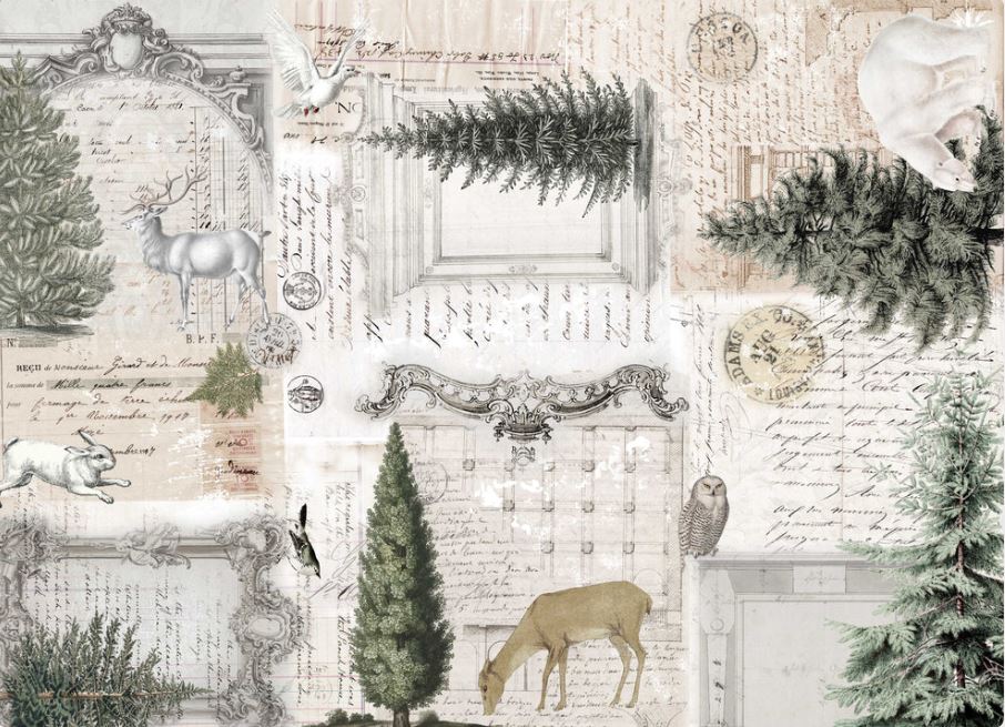 Vintage-style collage print featuring script handwriting, ornate frames, evergreen trees, deer, an owl, a bird, and a white rose in muted beige, green, gray, and brown tones. Roycycled papers