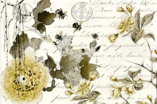 Vintage-style botanical illustration featuring large cream-colored flowers, olive-green leaves, small bees, and cursive script on an off-white background. Roycycled papers