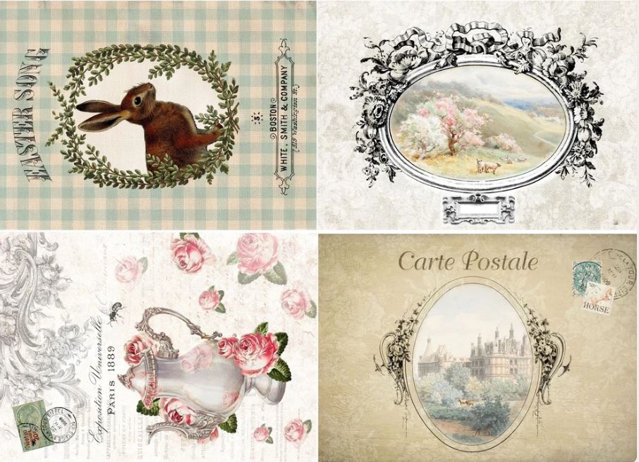 A collage of four vintage-style decorative prints: a rabbit in a wreath on a pale green gingham background, a black ornate frame with a pink flowering landscape, pink roses and a silver pitcher on an aged cream background, and a postcard-style design with a chateau scene on a tan background. Roycycled papers
