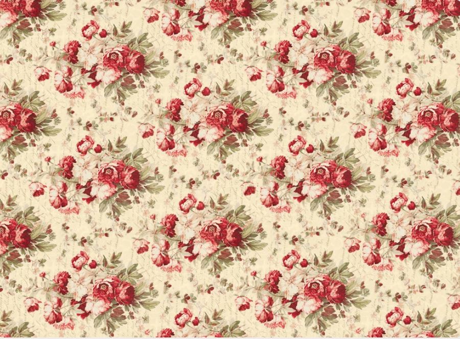 A vintage-style floral pattern featuring red roses and green leaves on a textured cream background. Roycycled papers