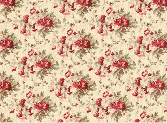 A vintage-style floral pattern featuring red roses and green leaves on a textured cream background. Roycycled papers