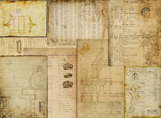 A vintage-style collage of aged parchment sheets with handwritten notes, stamps, architectural sketches, and illustrated details in warm beige, tan, and brown tones. Roycycled papers
