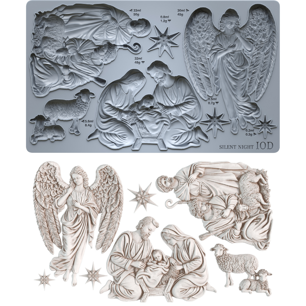 A I0D silicone mold set featuring detailed Christmas nativity and angel designs, shown both in its gray silicone form and as the finished light beige carved plastic pieces. Silent Night mould from Iron Orchid Designs.