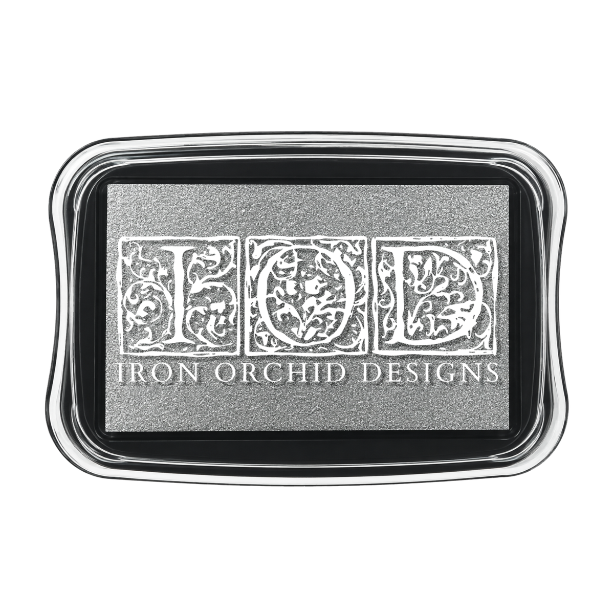 A rectangular metal tray with rounded corners, featuring a textured silver center with the embossed letters 'FOD' in an ornate floral font and the words 'IRON ORCHID DESIGNS' below, set against a plain white background.