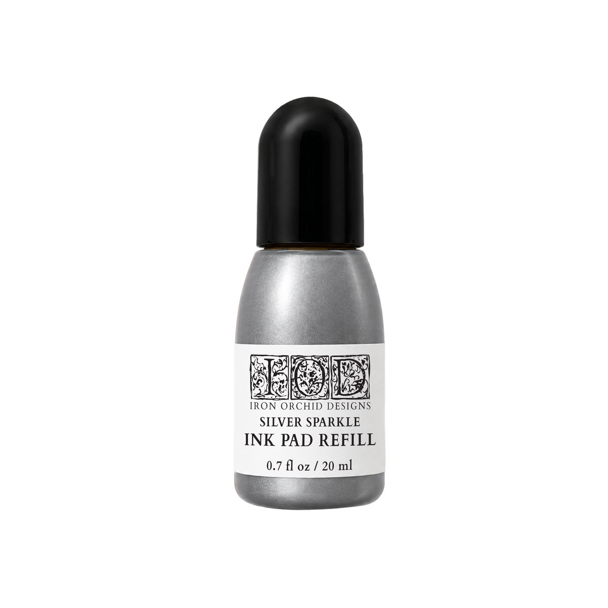 Silver Sparkle Ink Pad Refill by Iron Orchid Designs in a metallic silver bottle with a black cap and white label, centered on a white background.