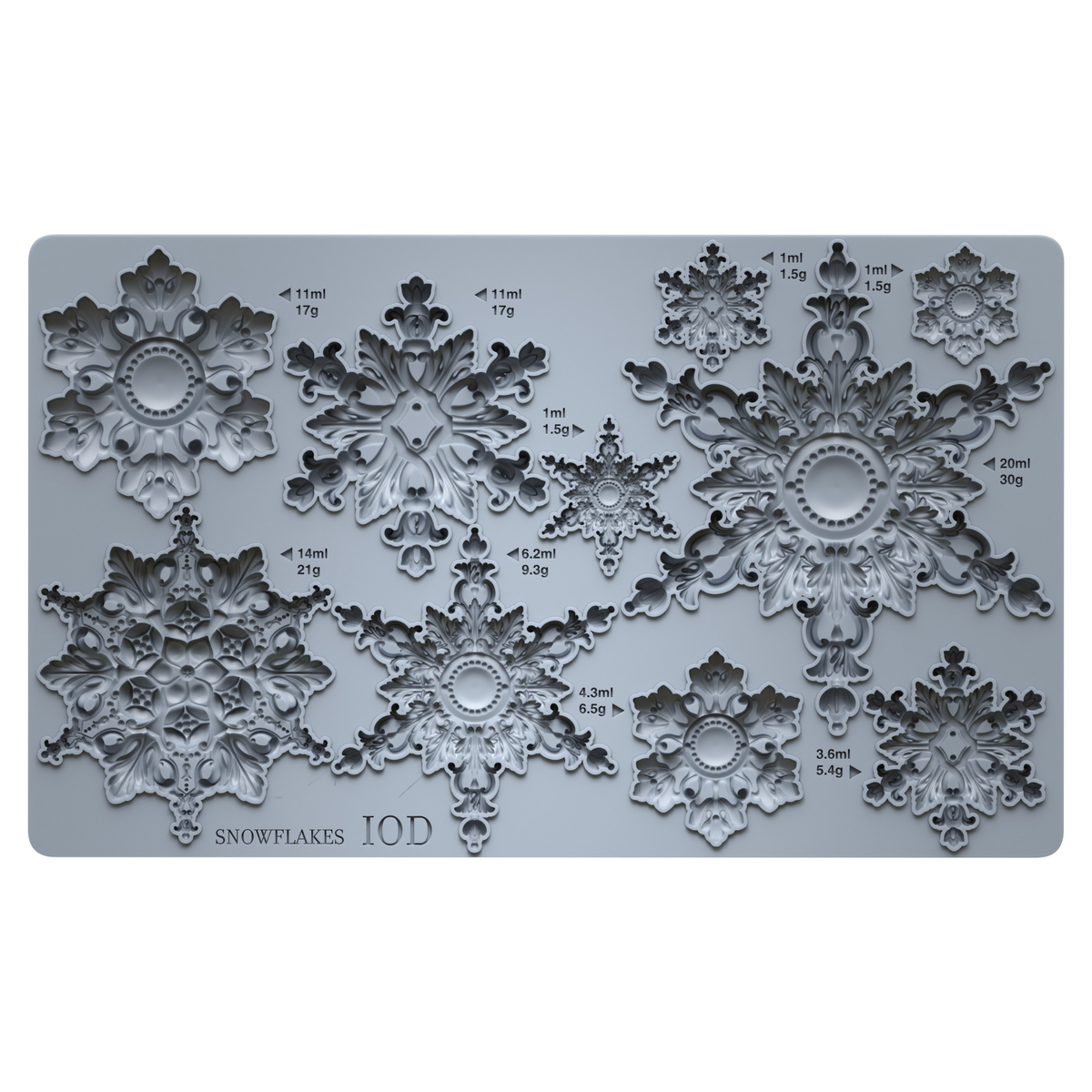 Grey silicone mould showing 10 different snowflakes. On a white backgorund. Snowflakes by Iron Orchid Designs