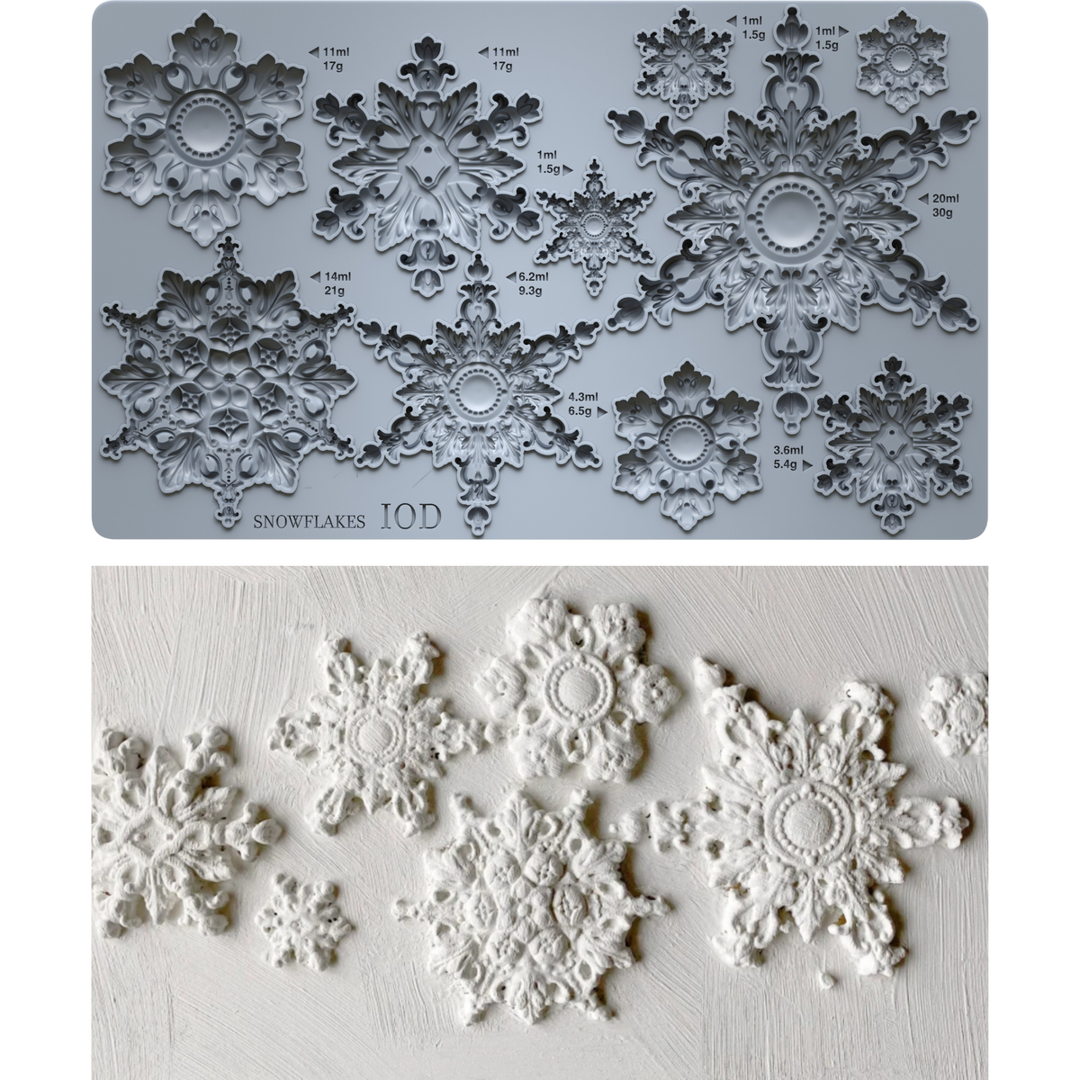 A 10D snowflake craft mold sheet shown in two views: the top shows the gray plastic mold with labeled snowflake cavities, and the bottom shows several white embossed snowflake decorations pressed into the mold. Snowflakes by Iron Orchid Designs