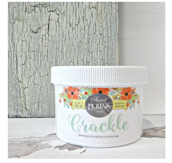 Jar of Sweet Pickins crackle medium with decorative label on a wooden surface