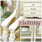 Collage of white furniture and decor with a 'creamy' text overlay.
