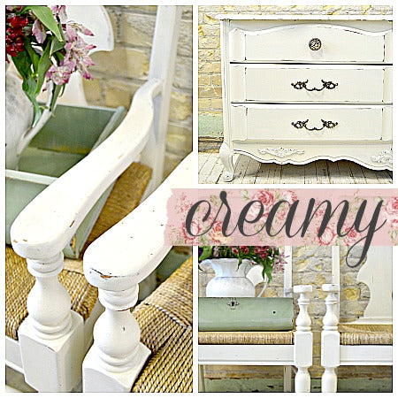 Collage of white furniture and decor with a 'creamy' text overlay.