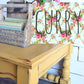 Yellow wooden table with floral border and 'CURRY' text
