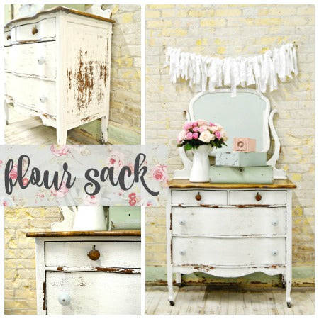 Collage of vintage furniture with a 'flour sack' sign against a brick wall.