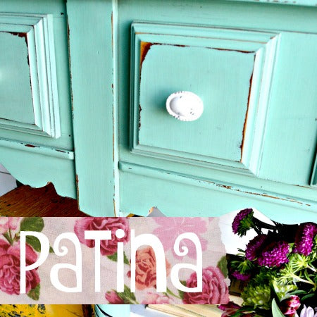 Teal distressed dresser with a white knob, flowers, and 'Patina' text overlay.