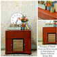 Collage of a red painted dresser with decorative items against a stone wall.