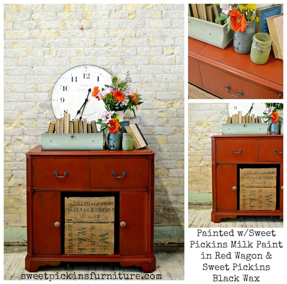 Collage of a red painted dresser with decorative items against a stone wall.