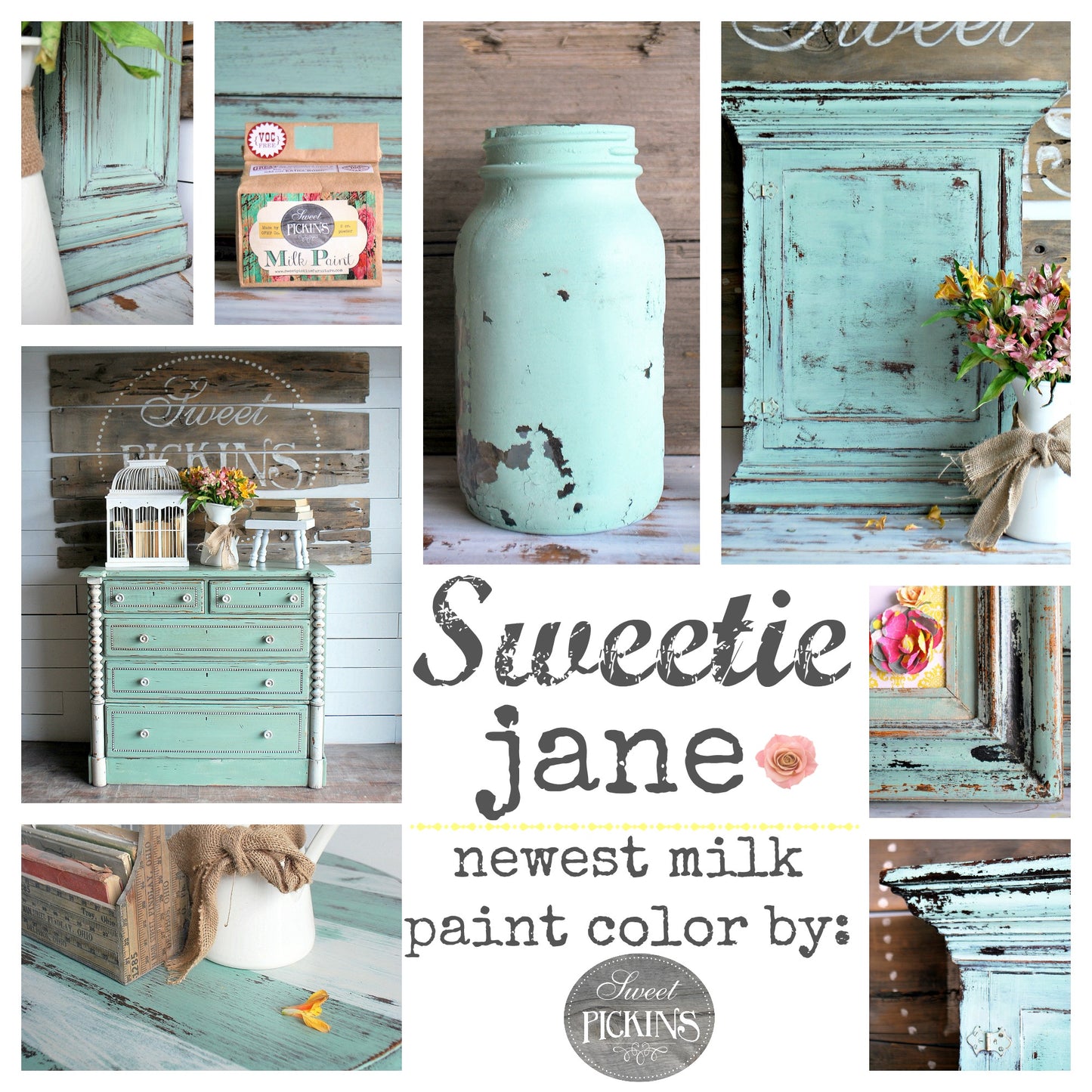 Collage of furniture and decor items painted with a teal color, featuring the brand 'Sweetie Jane'.
