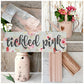 Collage of pink-themed items including a watering can, jar, and decorative elements with 'tickled pink' text.