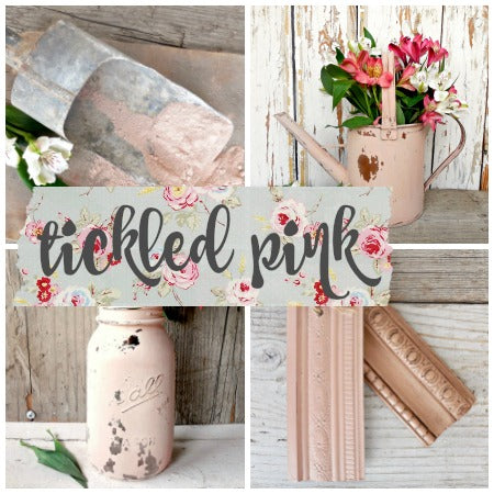 Collage of pink-themed items including a watering can, jar, and decorative elements with 'tickled pink' text.