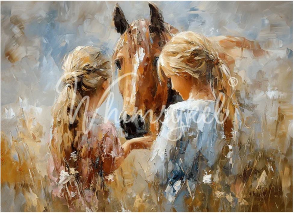 Impressionistic oil painting of two young girls in a field with a brown horse, rendered in warm beige, brown, blue, and white brushstrokes. A large translucent script watermark is overlaid across the center. Whimsykel designs.