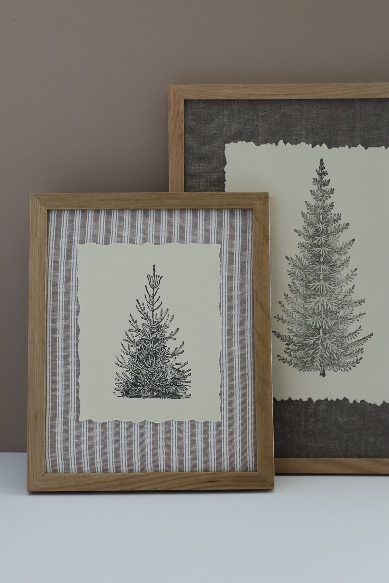 Two framed botanical art prints of pine trees, one with a striped linen background and one with a dark gray linen background, both in light oak frames, displayed on a white surface against a taupe wall. Winter Grove stamp From Iron Orchid Designs. 
