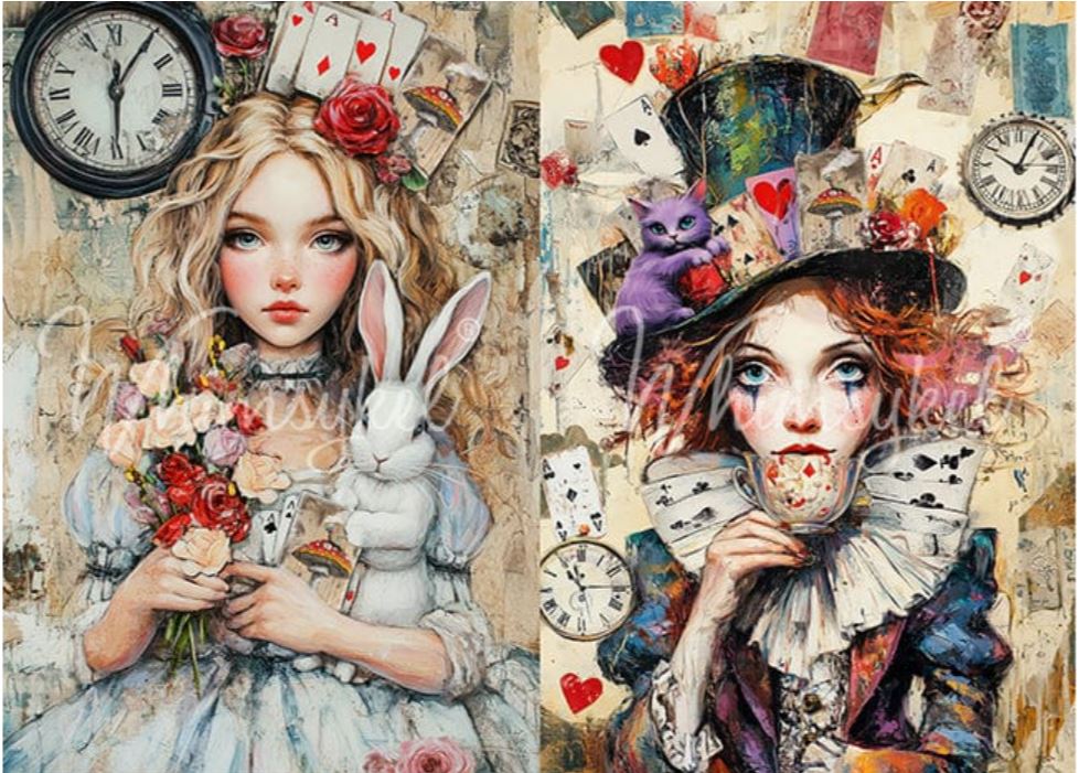 A side-by-side collage-style artwork featuring Alice in Wonderland themes: on the left, a blonde girl in a white dress holds a bouquet and a white rabbit, with clocks, playing cards, roses, and a top hat in the background. On the right, a stylized portrait shows the same girl holding a teacup, with a purple cat, playing cards, hearts, and a top hat. Whimsykel designs.