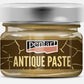 A glass jar of Pentart Brass Antique Paste with a metallic silver lid and a dark brown label featuring gold cracks and cream lettering, set against a plain white background.
