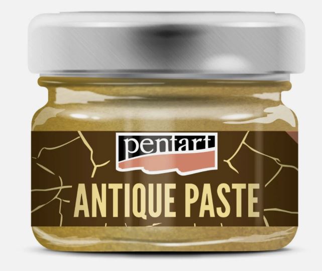 A jar of Pentart Gold Antique Paste with a dark brown label and a silver metal lid, shown against a plain white background. 