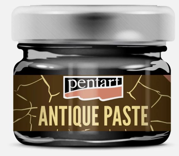 A jar of Pentart Umber Antique Paste, featuring a dark brown label with gold crackle details and a brushed silver metal lid, set against a plain white background.