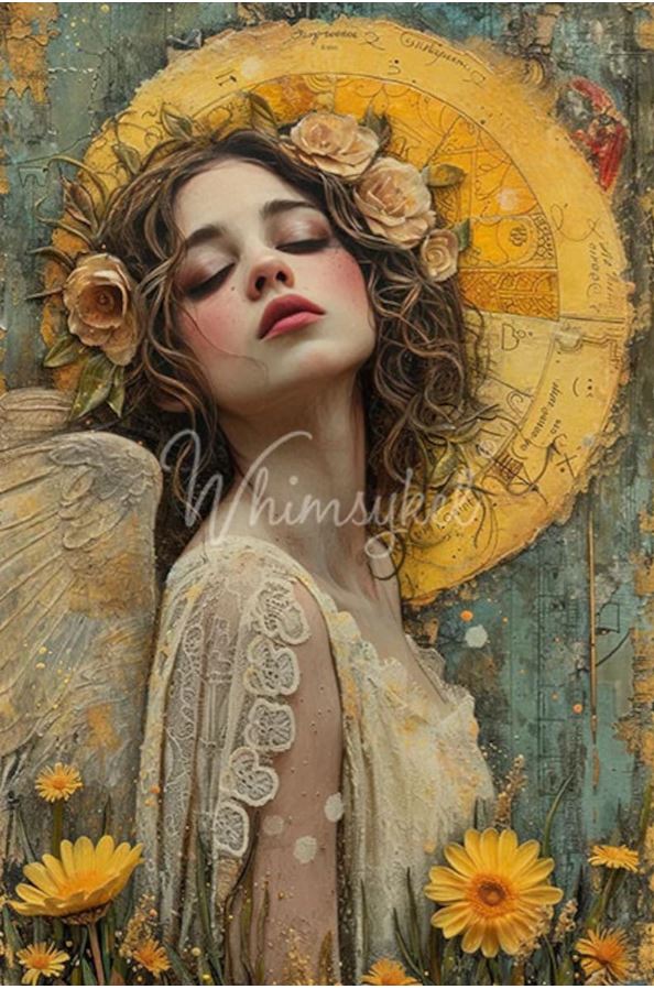 A stylized fantasy portrait of an angel with closed eyes, curly brown hair, pale skin, and a floral crown, set against a textured teal and gold background with a large yellow halo-like circle behind her. Yellow flowers appear at the bottom. Whimsykel designs.