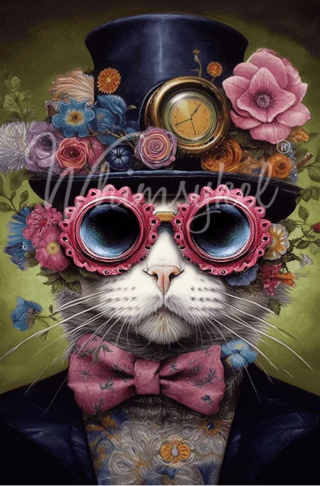 A whimsical portrait of a cat dressed in Victorian steampunk attire, wearing a black top hat adorned with flowers and a pocket watch, pink decorative goggles, a pink bow tie, and a patterned shirt against an olive green background. Whimsykel designs.