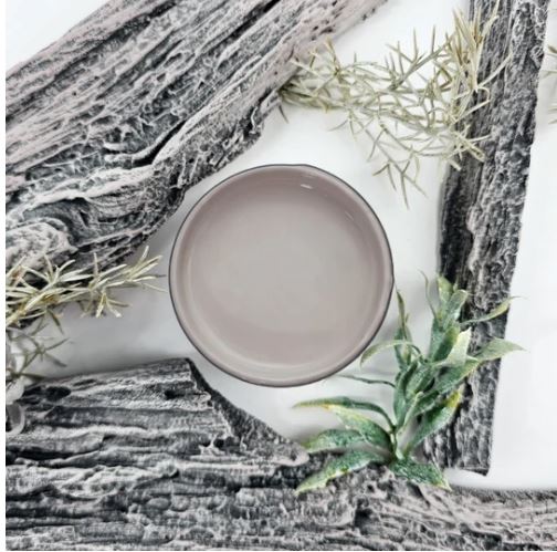 Pot of grey paint next to driftwood and moss. Paint Couture