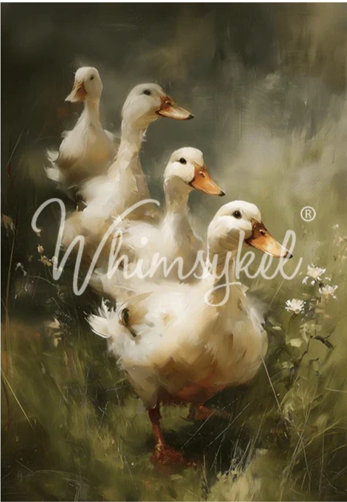 A painted scene of four white ducks standing in grassy terrain with a soft, painterly background. A large white script watermark reading 'Whimsical' overlays the center of the artwork. Whimsykel designs.