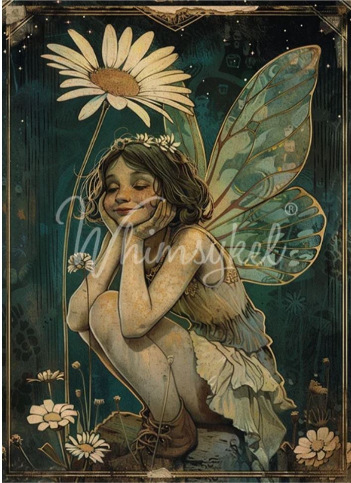 Vintage-style fairy art print featuring a crouching fairy with large translucent wings and a daisy flower in the background, framed by a decorative border. A large translucent watermark reading 'Whimsykel.