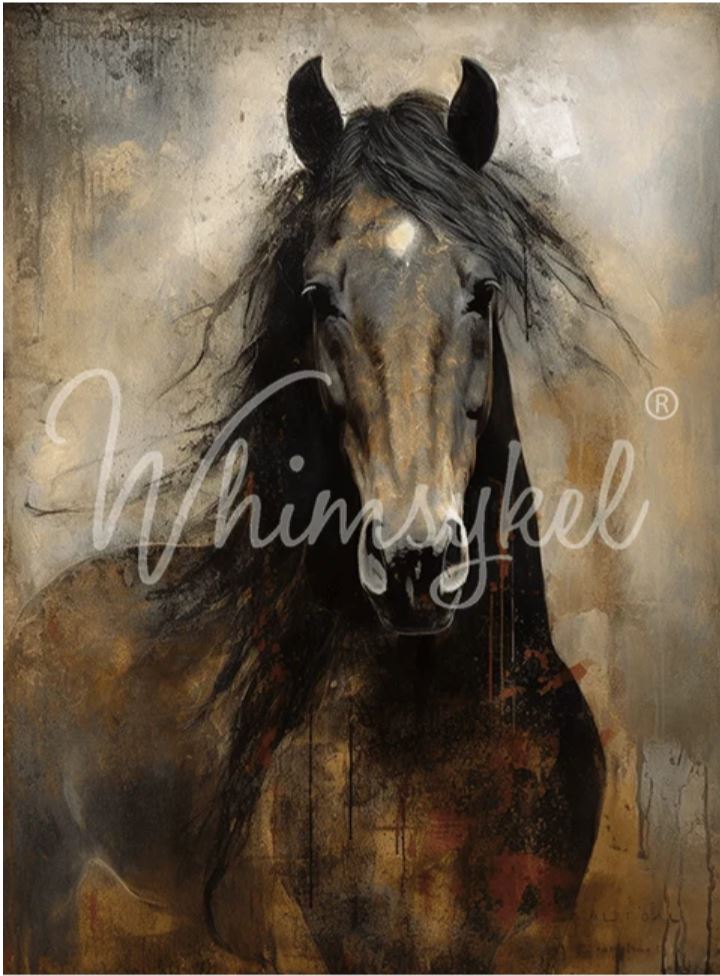 A textured painting of a horse's head and neck, rendered in dark brown, black, beige, and gray tones with expressive brushstrokes. A large white script watermark reading 'Whimsykel' overlays the center. Whimsykel designs.