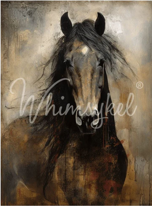 A textured painting of a horse's head and neck, rendered in dark brown, black, beige, and gray tones with expressive brushstrokes. A large white script watermark reading 'Whimsykel' overlays the center. Whimsykel designs.