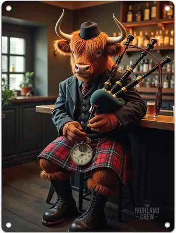 Highland Cow in Bar with Bagpipes small tin sign