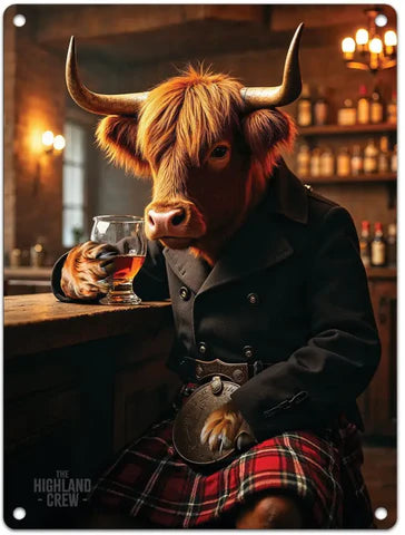 Highland Cow in Bar with Whisky small tin sign