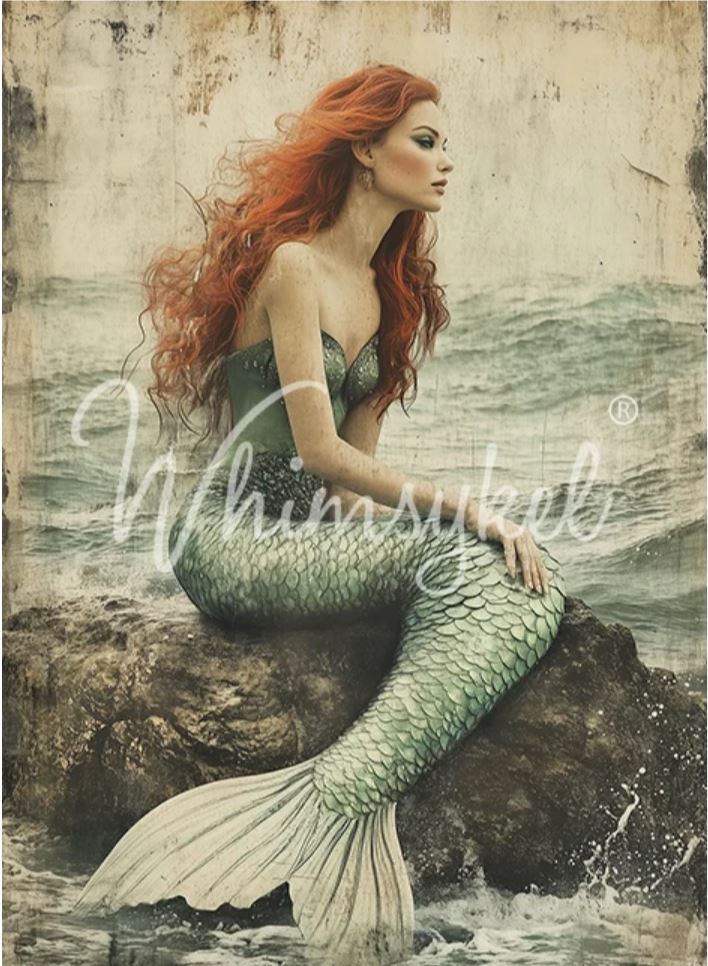 A fantasy-style artwork of a mermaid with long flowing red hair sitting on rocks by the sea. The mermaid has a green scaled tail and wears a dark green top. Whimsykel designs.