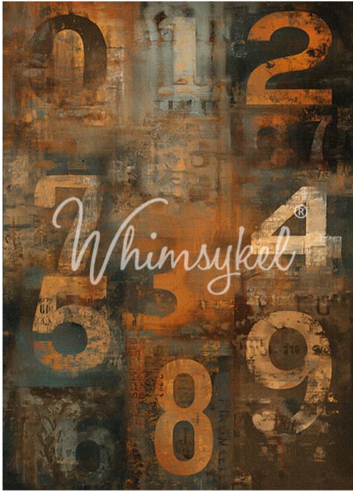 Abstract art print featuring distressed, vintage-style numbers in orange, brown, and beige over a textured background, with the cursive brand name 'Whimsykel' across the center.