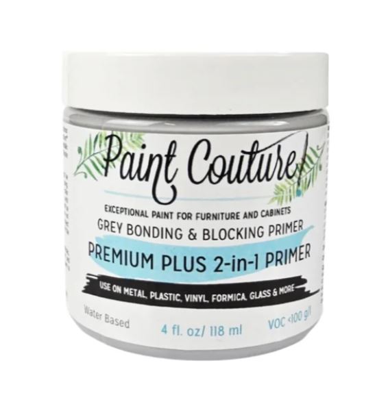 A jar of Paint Couture Grey Bonding & Blocking Primer, Premium Plus 2-in-1 Primer, 4 fl. oz. (118 ml), on a white background.