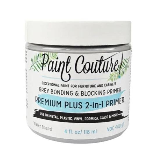A jar of Paint Couture Grey Bonding & Blocking Primer, Premium Plus 2-in-1 Primer, 4 fl. oz. (118 ml), on a white background.