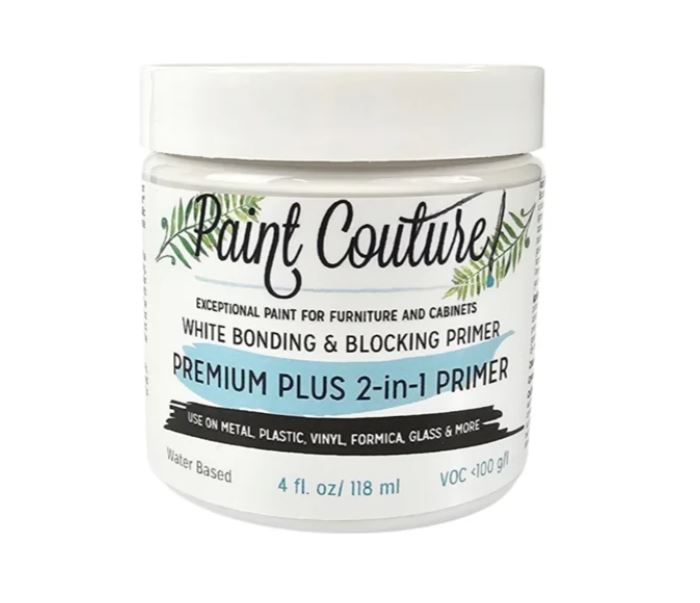 A white plastic jar of Paint Couture Premium Plus 2-in-1 Primer with a white lid, shown on a plain white background.