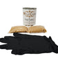 Wood Compo Paint Couture kit containing a white canister, two clear bags of tan powder, and a pair of black nitrile gloves, arranged on a white background.