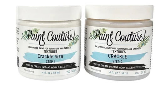 Two jars of Paint Couture Crackle Size Textures Step 1 and Step 2 water-based finish paint, shown side-by-side on a white background.
