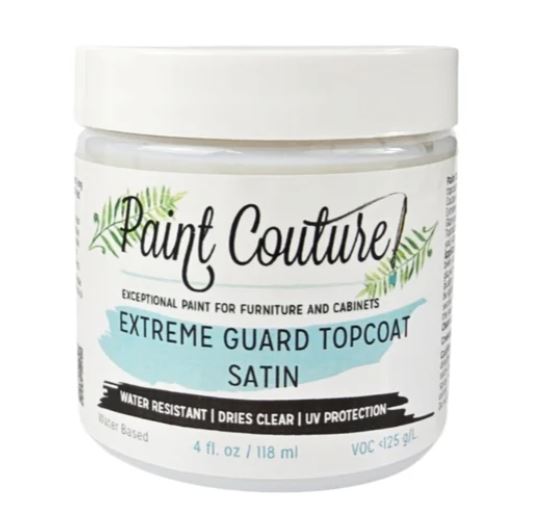 A jar of Paint Couture Extreme Guard Topcoat Satin water-based paint, shown on a clean white background.