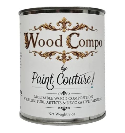 A 8 oz can of Wood Compo by Paint Couture moldable wood composition paint, featuring a white label with elegant gold and black typography on a clean white background.