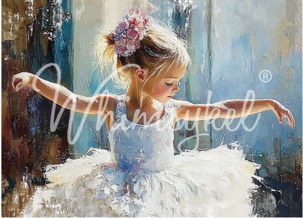 An impressionistic painting of a young ballerina in a white tutu with a floral hair accessory, posed against a soft blue and beige background. A large translucent script watermark is overlaid across the center. Whimsykel designs.