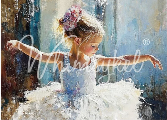An impressionistic painting of a young ballerina in a white tutu with a floral hair accessory, posed against a soft blue and beige background. A large translucent script watermark is overlaid across the center. Whimsykel designs.