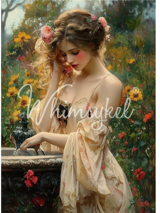 A vintage-style painting of a woman in a flowing cream dress standing beside a fountain in a flower garden, with a large translucent 'Whimsical' watermark across the center.
